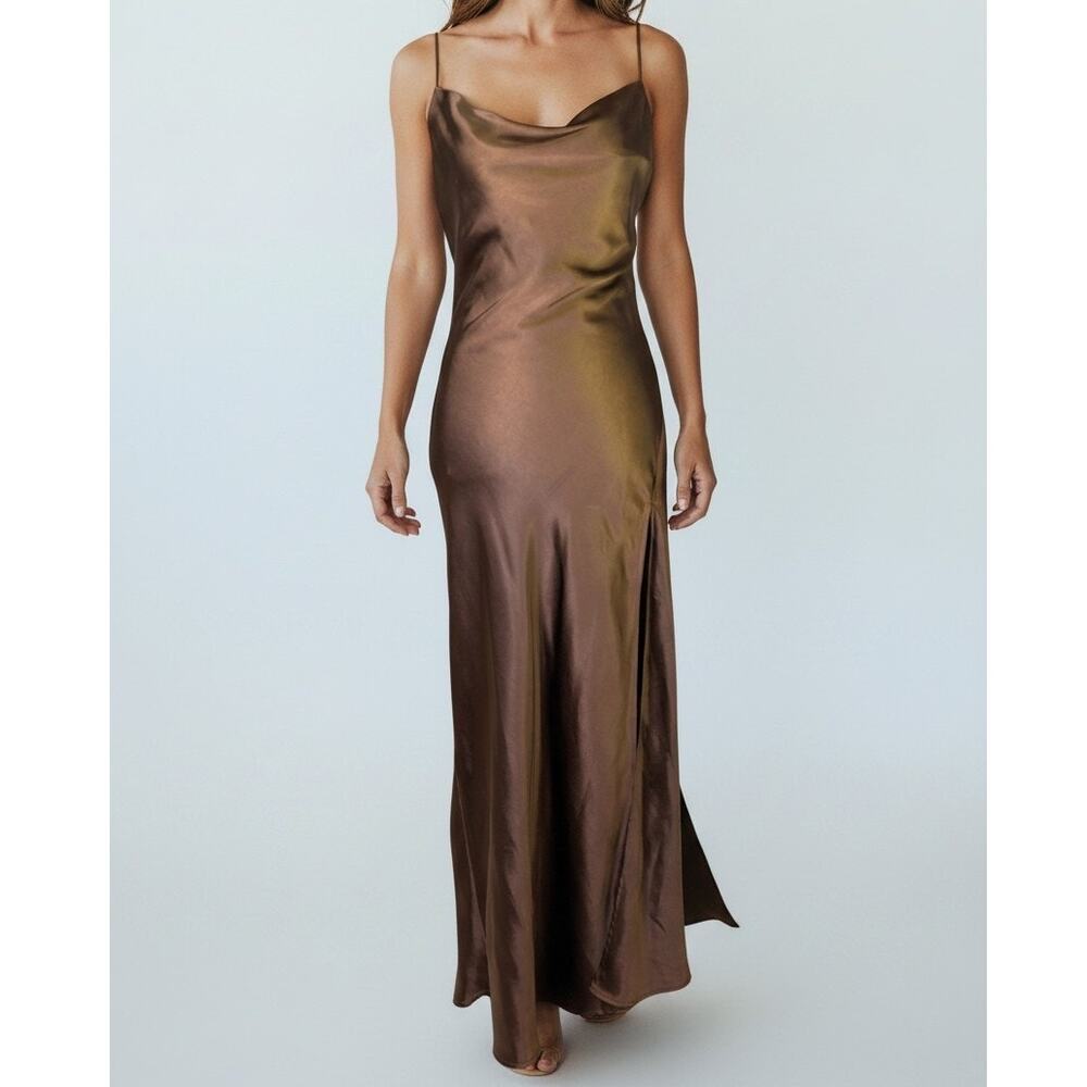 Audrey 3+1 Y2K Bronze Satin Slip Dress Bias Cut Maxi Gown Small